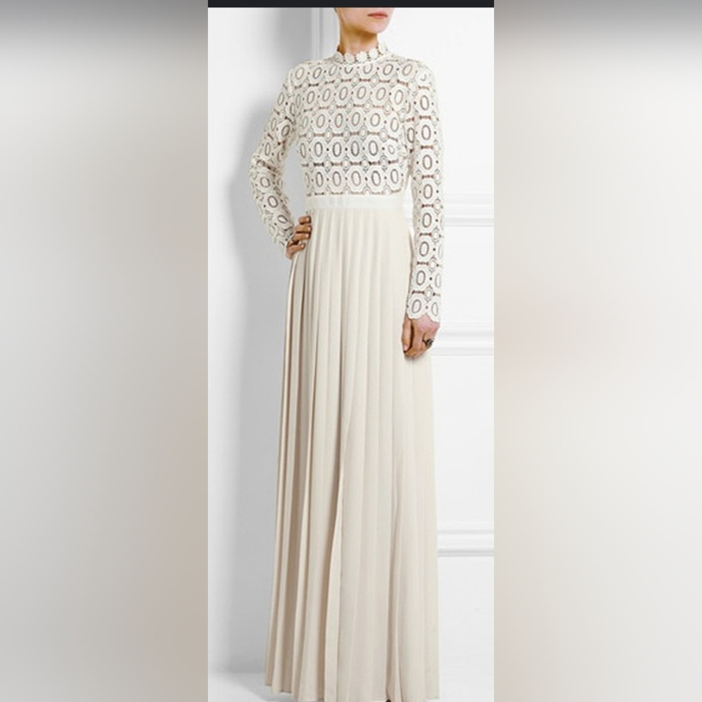 Self-Portrait Pleated Croch Elegant Cream Lace Maxi Dress Sz 6